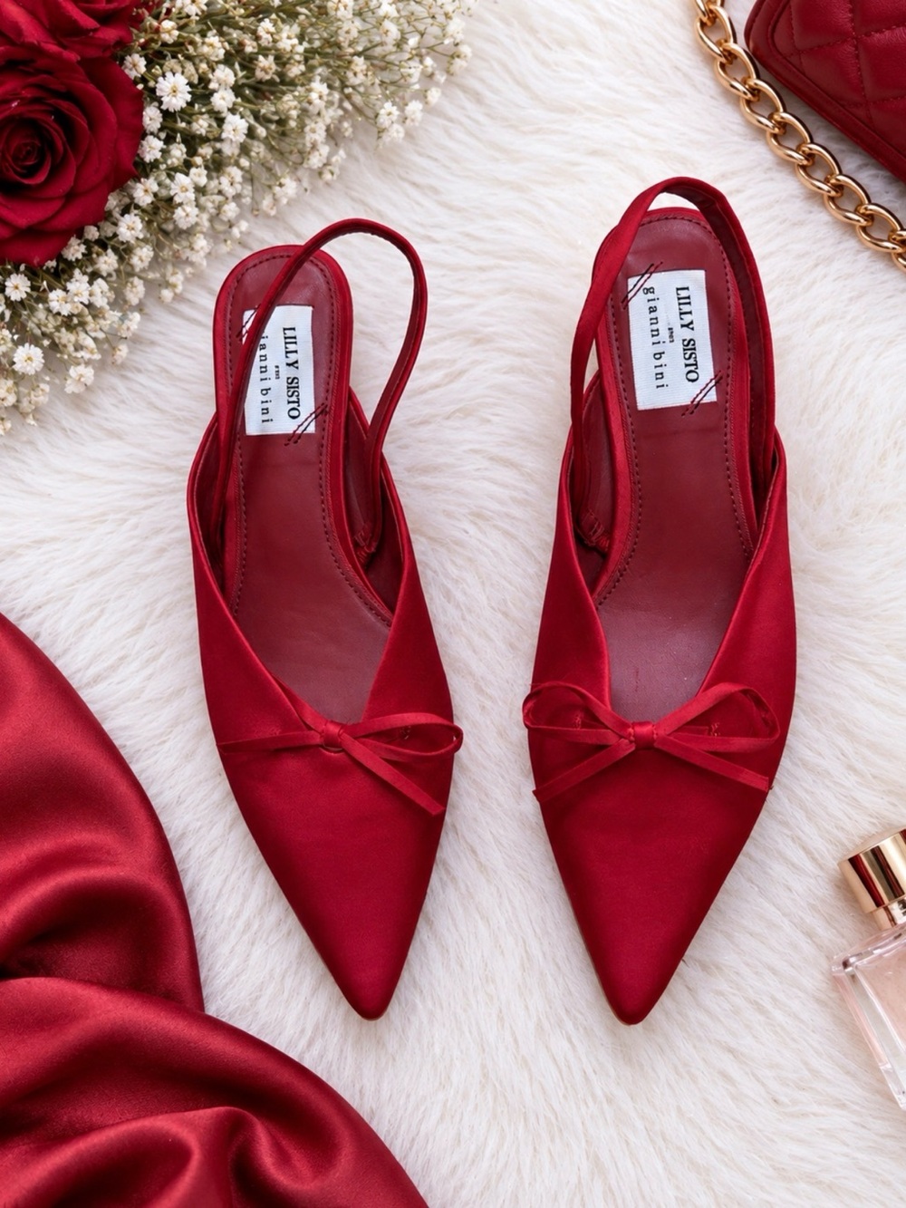 Lilly Sisto Red Satin Bow Detail Slingback Kitten Heels